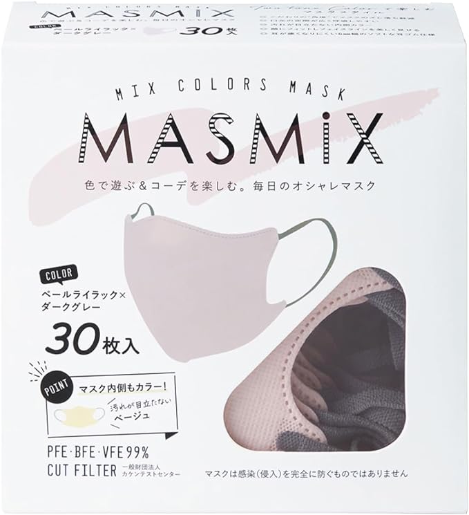 MASMIX ツートーンカラーマスク 立体タイプ 30枚入 ペールライラック×ダークグレー